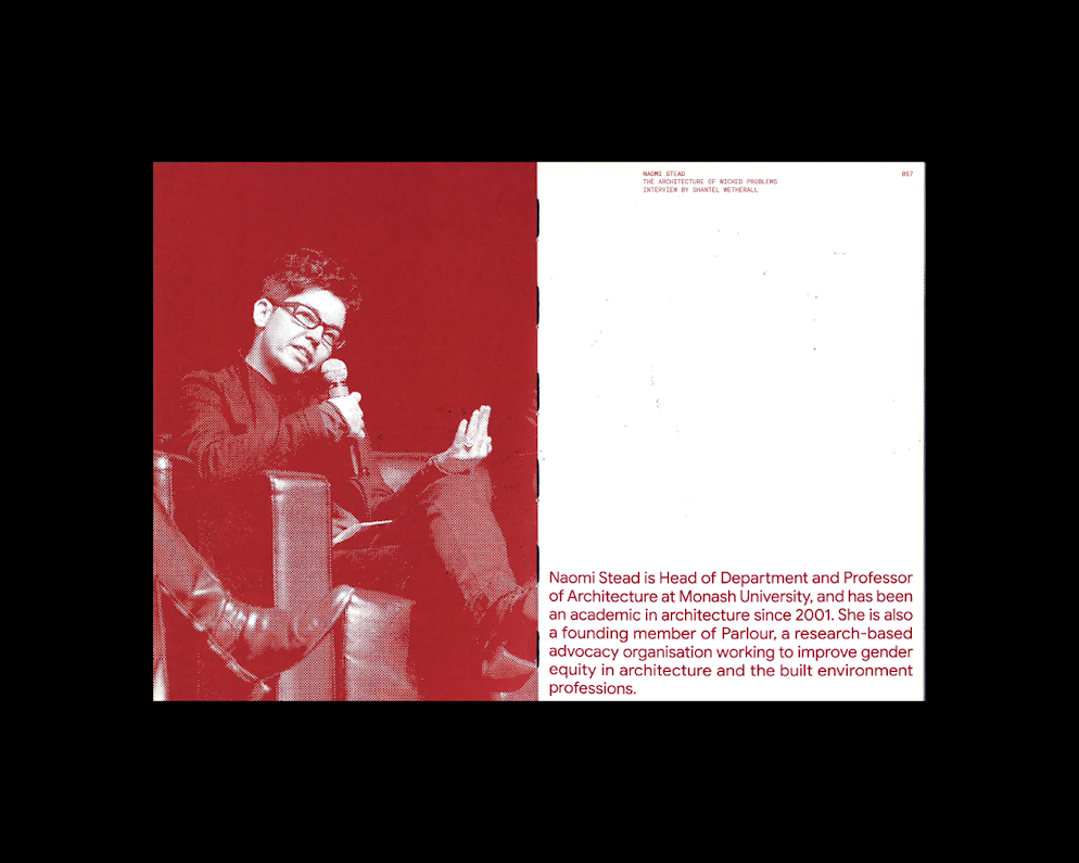 Double-page scan from the Rare with Google 2020 publication of Naomi Stead seated on a chair speaking into a microphone.