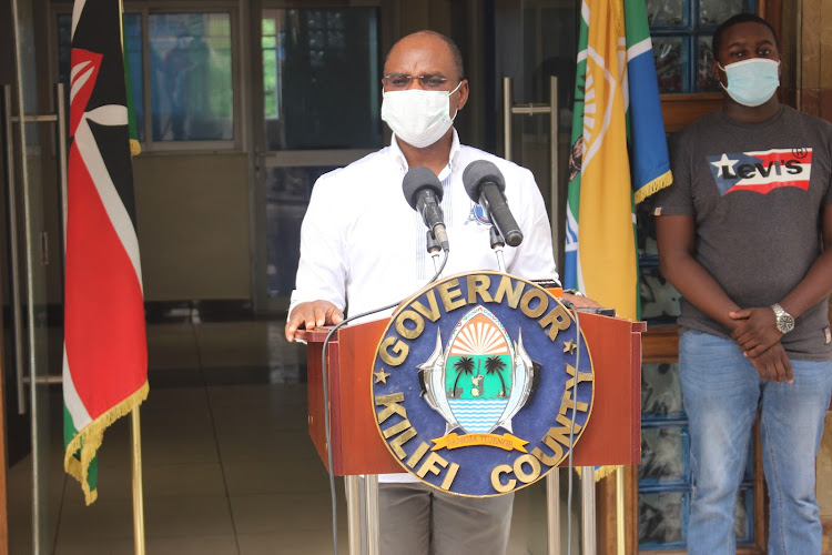 Kilifi Governor Amason Kingi addresses journalists outside his office on Sunday, April 19