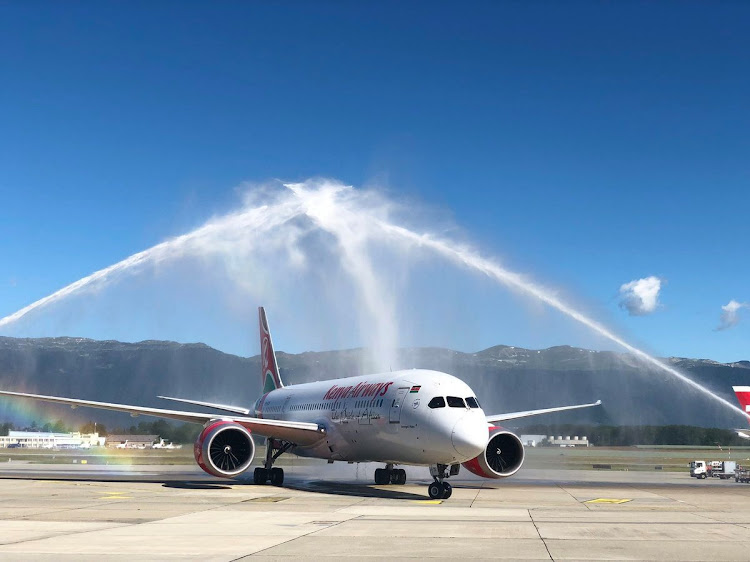 KQ's inaugural flight to Geneva upon landing on Thursday, June 13, 2019.