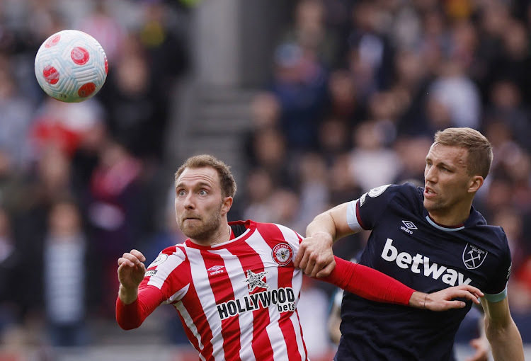 Brentford's Christian Eriksen in action with West Ham United's Tomas Soucek