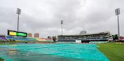 Covers on and the rain still coming down with very little hope of the match taking place during 2017 T20 Ram Slam semifinal between the Dolphins and the Cobras at Kingsmead Stadium, Durban on 14 December 2017.