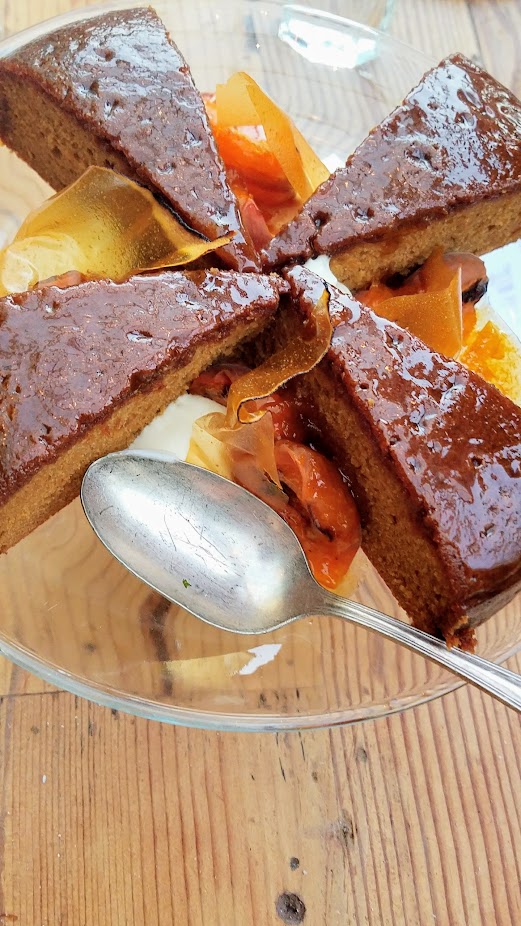 Chefs Week PDX Heritage dinner 2017, at Han Oak Eve Kuttemann, Sage Hen served Burnt Sugar Cake, Apricot Pit Glaze, Roasted Apricot