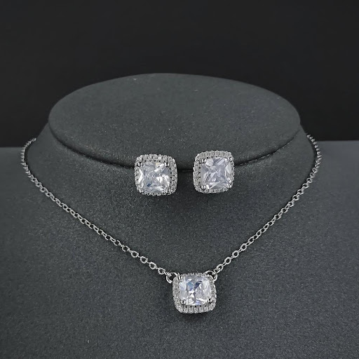 Title 4, Square Ornament Luxury Ear Stud Necklace Set. E...