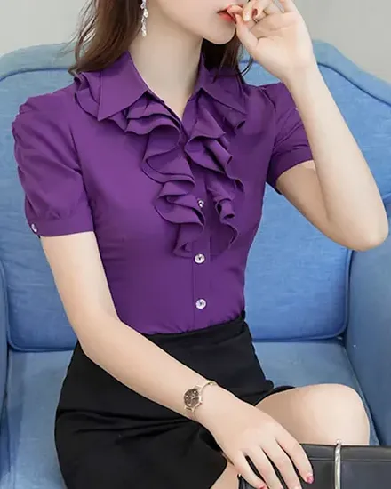 Purple White Summer Blouse Office Work Shirt Casual Tops ... - 0