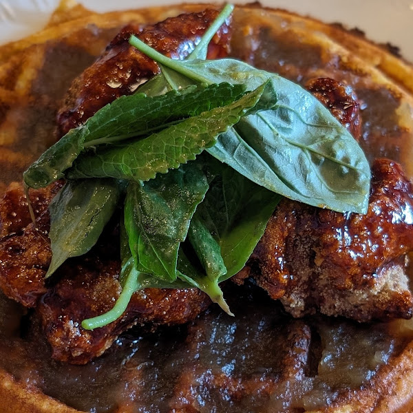 Fried maple chicken and waffles with apple butter