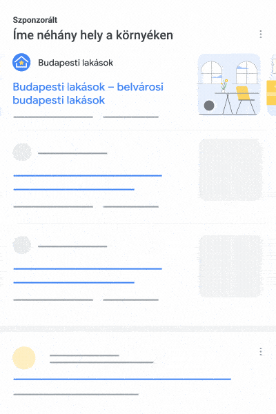 Ez az animáció helyi keresési hirdetési találatok gyűjteményére mutat be példát, amelyben a hirdetés a kampányspecifikus eszközöket jeleníti meg.