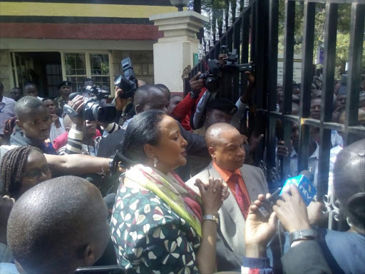 Education CS Amina Mohammed speaks to striking lecturers outside Jogoo House, Wednesday, March 14. /EMMANUEL WANJALA