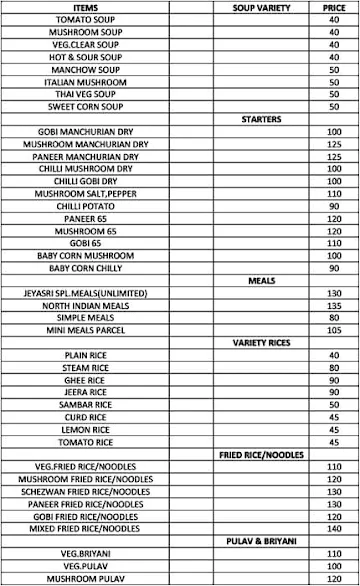 Jeyasri Veg Restaurant menu 