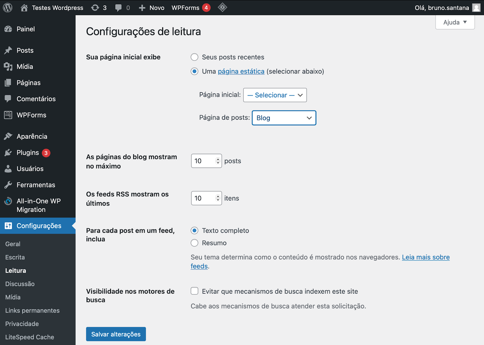 configurando página de blog no wordpress