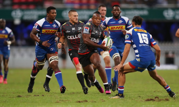 Sibusiso Nkosi of the Cell C Sharks charges forward during the Super Rugby match against the visiting DHL Stormers at Jonsson Kings Park on April 21, 2018 in Durban, South Africa.