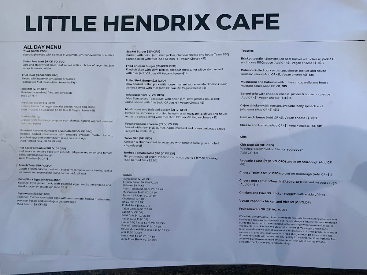 Little Hendrix Cafe gluten-free menu