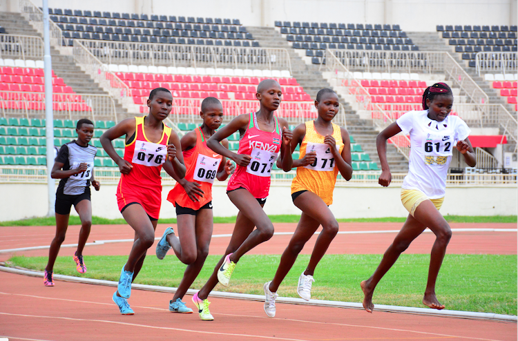 Athletes compete in 1500m during the Nairobi region pre-trials for the World Under-20 Championships at Nyayo Stadium.