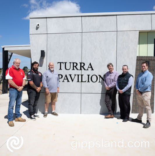 Left to right, Project Reference Group members Ray Wall (Trafalgar Football Netball Club), Lachlan Wyatt (Trafalgar Victory Football Club), Councillor Darren Wallace, Mayor of Baw Baw Shire, Councillor Michael Leaney, Council officers Shane Paynter and Chris Duff, following a tour of the soon to be complete Turra Pavilion