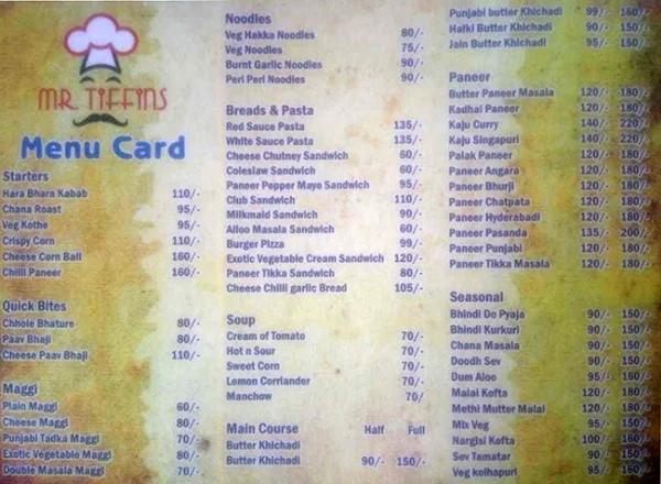 Mr. Tiffins menu 