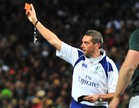 Referee Jérôme Garcès shows Springbok centre Damian de Allende a red card during the 2017 Rugby Championship match against the All Blacks in Cape Town.