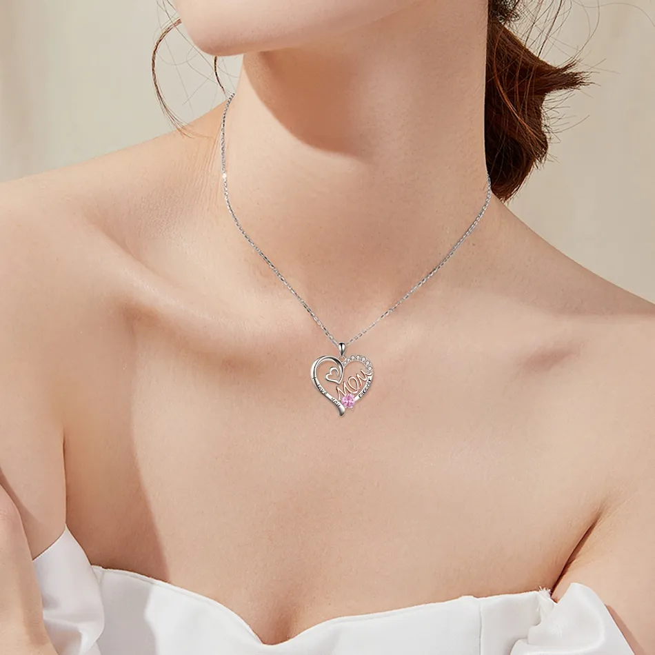 Collier Maman Argent S925 Coeur CZ Rose. Bijou femme avec pierre de naissance, pendentif 
