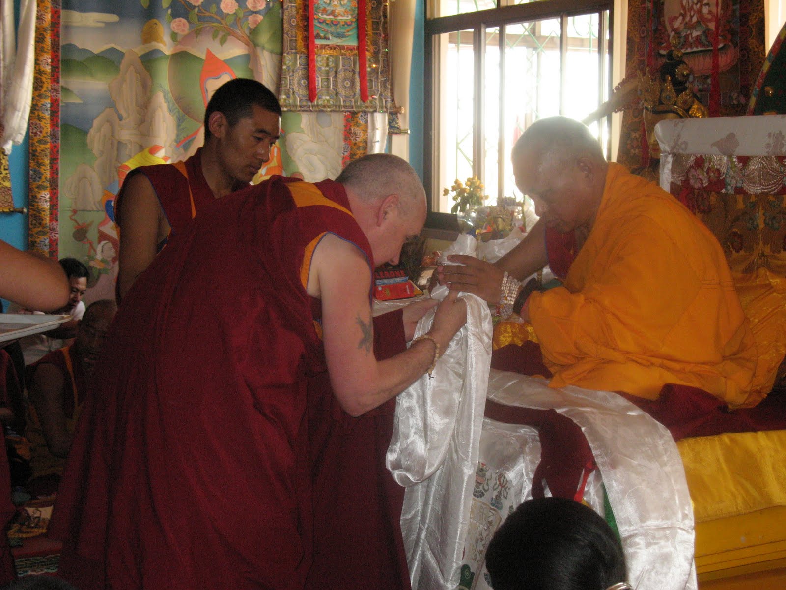 Ven. Roger Kunsang offering to Lama Zopa Rinpoche during special long life puja, Kopan Monastery, June 2009.