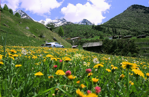 35420025 - Car in Spring on Mountain Road; 2002, May; Switzerland, Lukmanier Pass