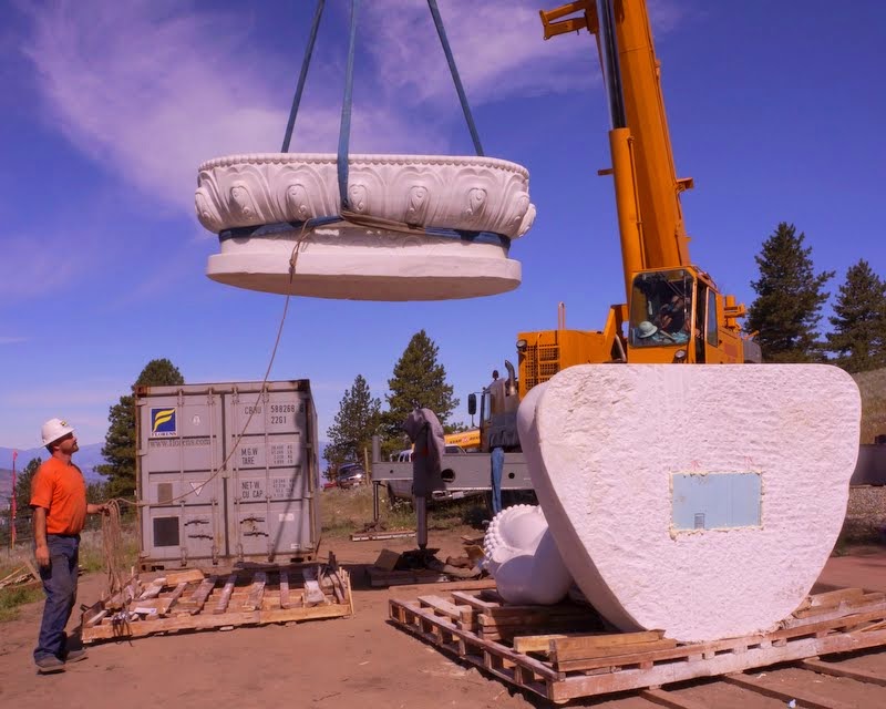 Moving the carved white marble lotus throne on to the base, Buddha Amitabha Pure Land, Washington, US, July 1, 2014. Photo by Merry Colony.