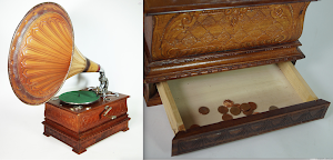 Антикварный граммофон 
работает от приема монет.
19-й век.