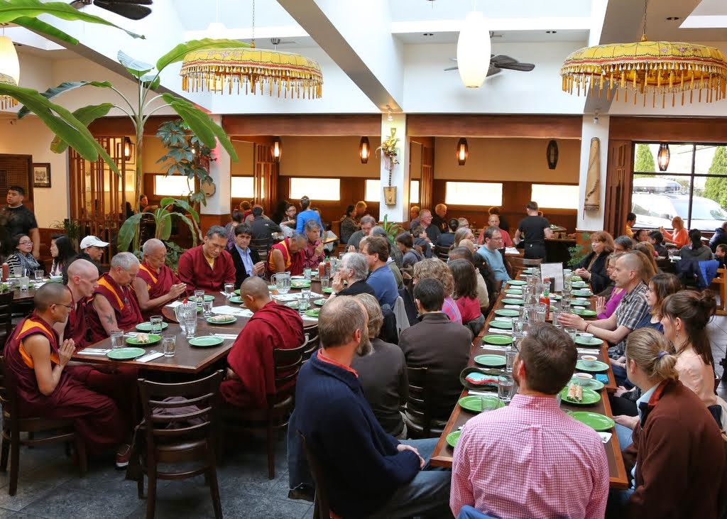 Lama Zopa Rinpoche offering food at dinner with FPMT Board of Directors, staff of FPMT International Office and Maitripa College, and friends, Portland, Oregon, US, April 2014.