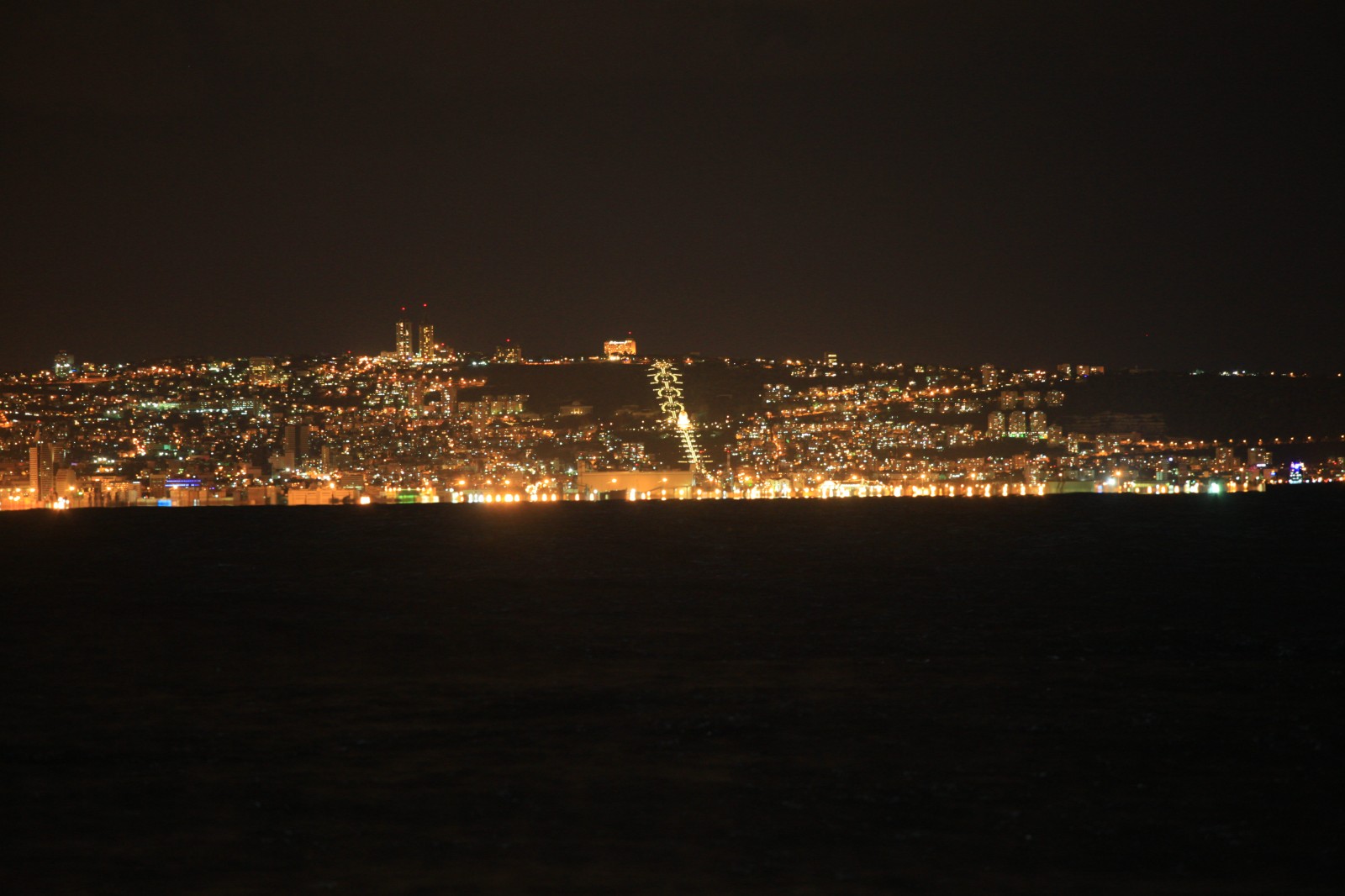 Haifa from across the bay, Bahai gardens in the center