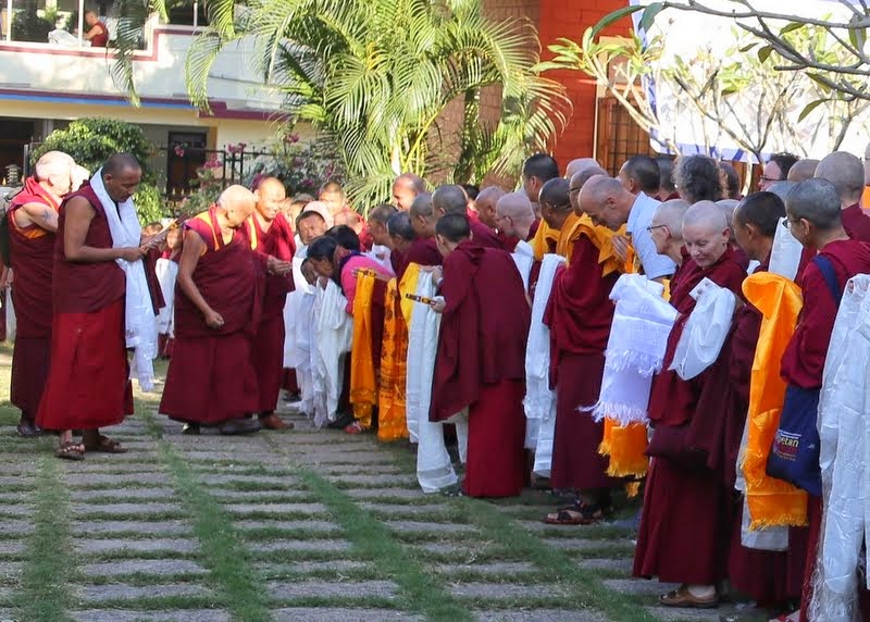 Lama Zopa Rinpoche's arrival at Sera Je Monastery, Osel Labrang driveway, India, December 16, 2013. Photo by Ven. Thubten Kunsang.