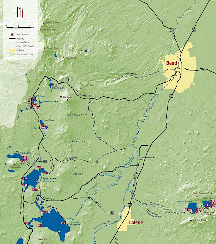 The paddle trail comprising the Cascade Lakes wilderness. These lovely lakes are just east of Bend, Or, and lie in the shadow of Mt. Bachelor, the south Sister, and Broken Top mountains.