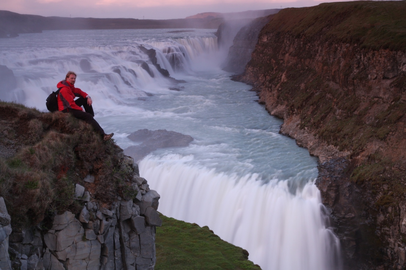 Gullfoss powerfully crashing from its two levels into a narrow canyon