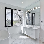 Modern window in master bathroom looking outside to the backyard