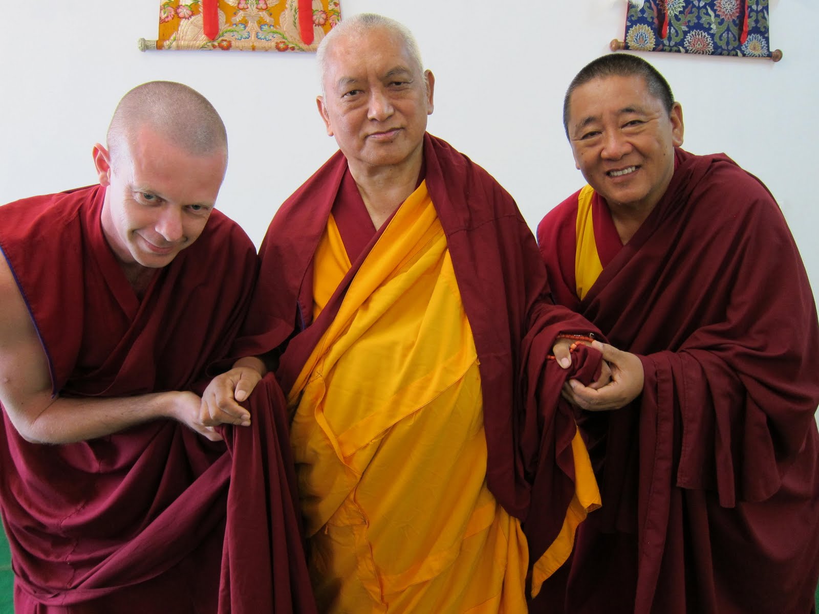 Lama Zopa Rinpoche with Geshe Wangdue and Venerable Tenzin Namdak at Sera Je Monastery, Bylakuppe, India, October 28, 2012. Photo by Ven. Roger Kunsang.