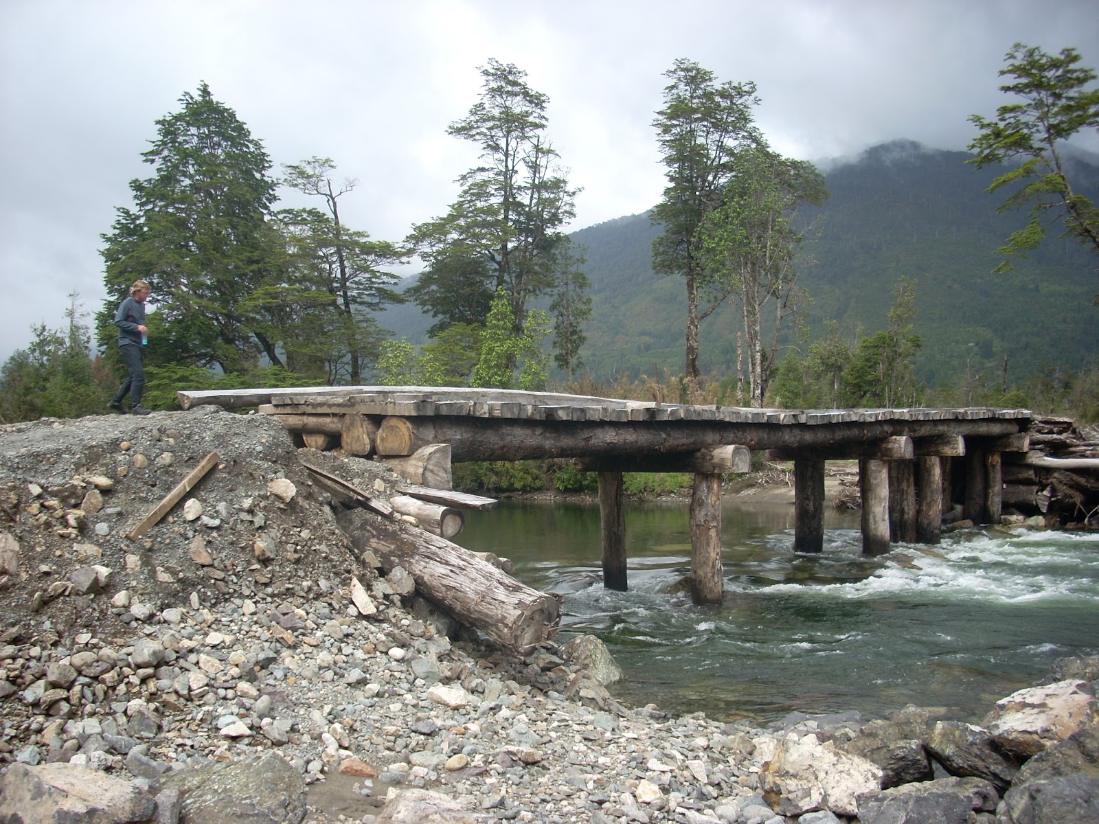 Lunch stop, at a dodgy bridge, where one end had collapsed. Seemed strong enough for us though.