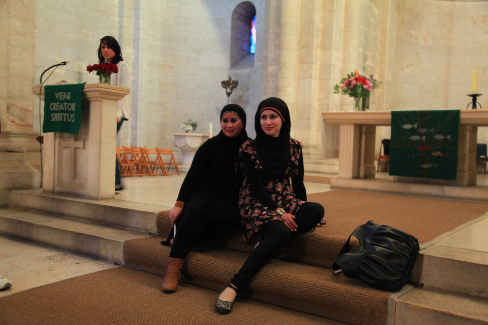 Muslim girls posing in the only Protestant Church in Jerusalem