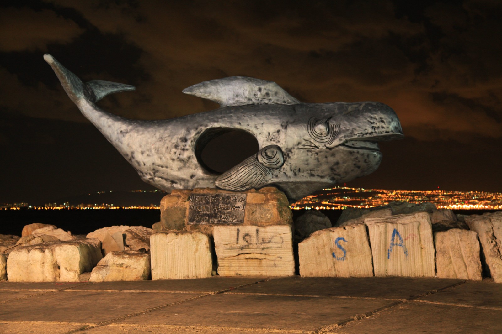 A fish with a hole with Haifa in the background, very prosaic description :-)