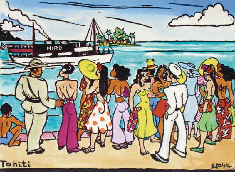 Pier view, hand colored block print, 1944