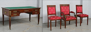Письменный стол, кресло и два стула. Ампир ок.1850 г.
Красное дерево, бронза, сукно.
5000 евро.