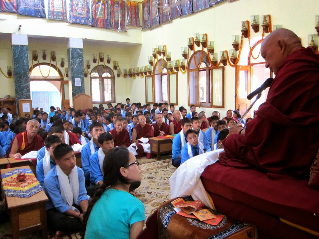 Lama Zopa Rinpoche teaching at Alice Project Universal Education School, Sarnath, India, March 21, 2014. Photo by Ven. Sarah Thresher.