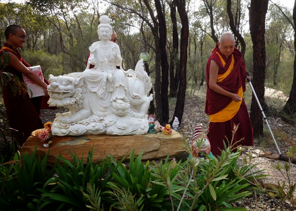 Lama Zopa Rinpoche walking through the bush to Thubten Shedrup Ling, Australia, September 2014. Photo by Ven. Roger Kunsang.