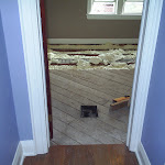 View from hallway: foam insulation applied in between floor joist