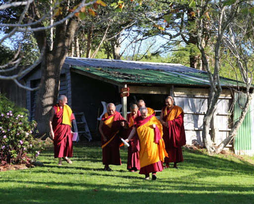 Lama Zopa Rinpoche arriving to teach at Mahamudra Centre, New Zealand, May 2015. Photo by Ven. Thubten Kunsang.