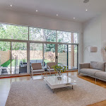 Living room with white oak hardwood flooring