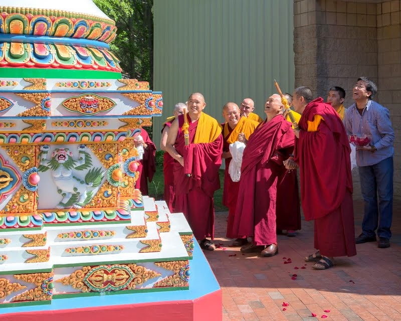 Lama Zopa Rinpoche and Kadampa stupa at Kadampa Center, Raleigh, North Carolina, US, May 3, 2014. Photo by David Strevel.