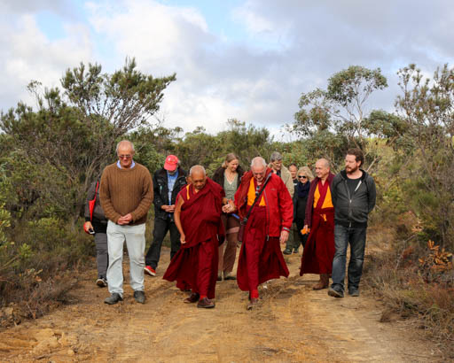 Lama Zopa Rinpoche touring De-Tong Ling Retreat Centre, Kangaroo Island, Australia, May 2015. Photo by Ven. Thubten Kunsang.