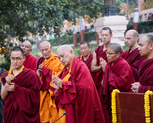 Lama Zopa Rinpoche at Mahabodhi Stupa, Bodhgaya, India, February 2015. Photo by Ven. Thubten Kunsang.