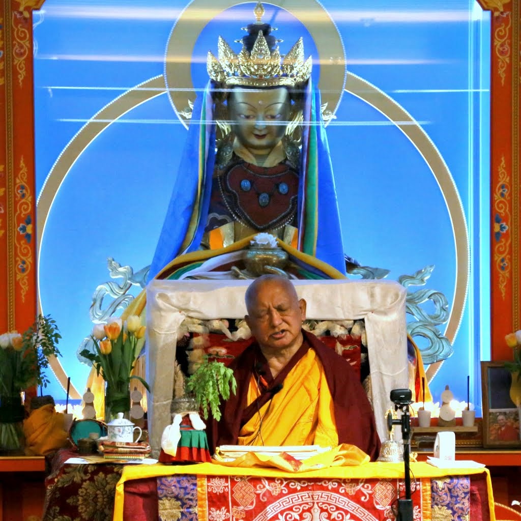 Lama Zopa Rinpoche during the Vajrasattve initiation at Maitripa College, Portland, US, April 2014. Photo by Ven. Thubten Kunsang.
