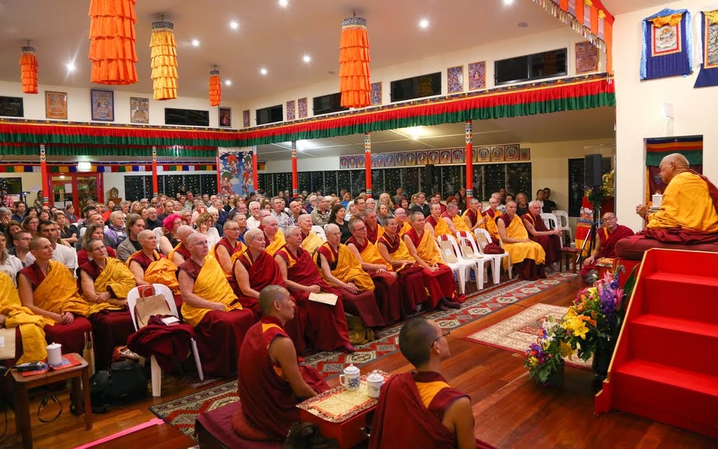 Lama Zopa Rinpoche giving teachings to Sangha and lay students at Chenrezig Institute, Eudlo, Australia, September 2014. Photo by Ven. Roger Kunsang.