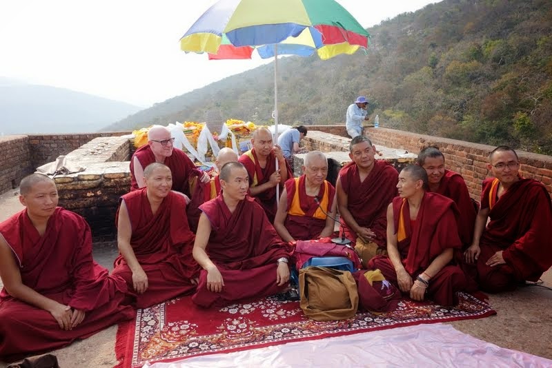 Lama Zopa Rinpoche with monks at Vulture's Peak, India, March 2014. Photo by Ven. Roger Kunsang.