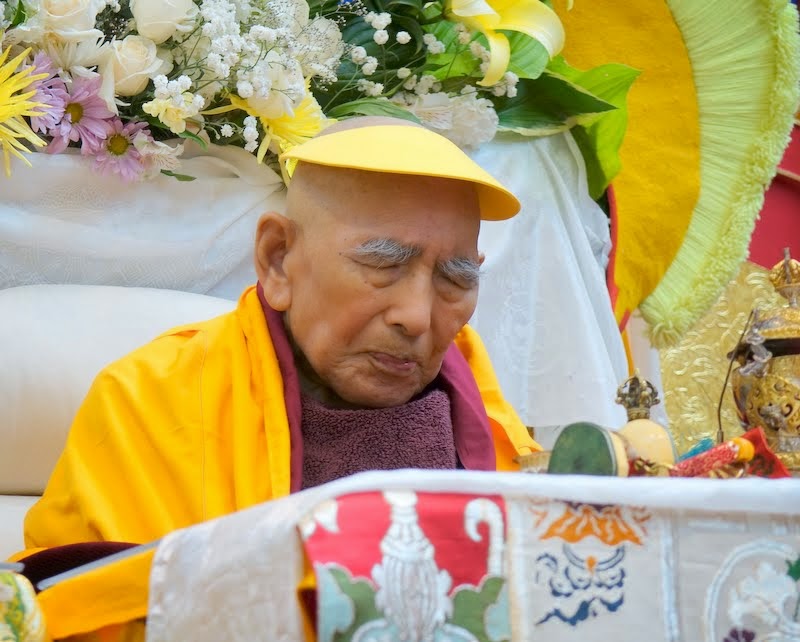 Geshe Sopa Rinpoche during long life puja, Deer Park Buddhist Center, Wisconsin, US, July 20, 2014. Photo by Ven. Roger Kunsang. Geshe-la is 92 years old and quite frail. Ven. Roger Kunsang shared, "Geshe-la seems to be constantly in meditation."