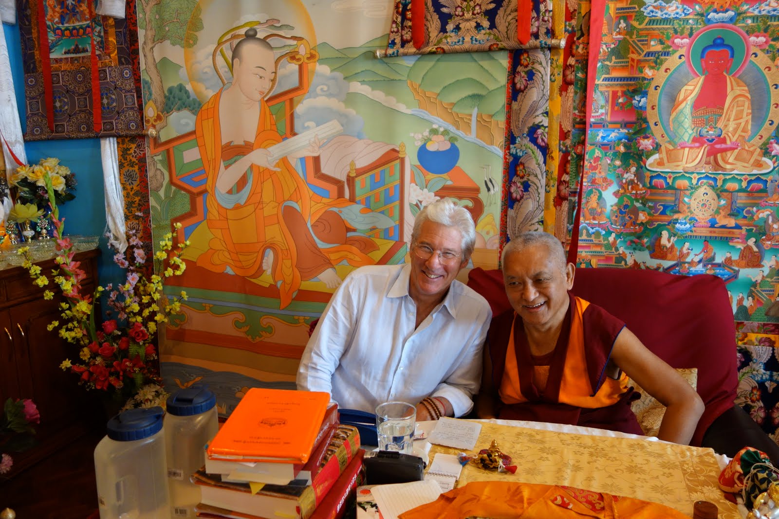 Rinpoche and Richard Gere in Kopan where they had lunch together. Rinpoche was telling lots of old stories about meditators & Dharma practitioners. The stories went on for a long time, interspersed with lots of laughter. Photo by Ven. Roger Kunsang.