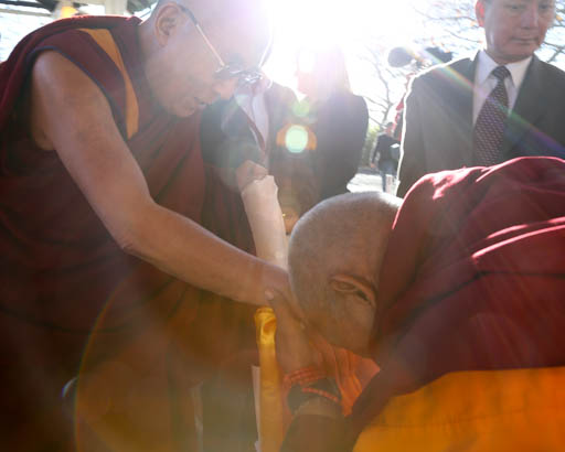 His Holiness the Dalai Lama being greeted by Lama Zopa Rinpoche, Blue Mountains, New South Wales, Australia, June 2015. Photo by Ven. Thubten Kunsang.